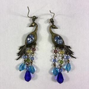 Vtg Peacock Earrings Dangle Teardrop Blue Crystal Beaded 3D
